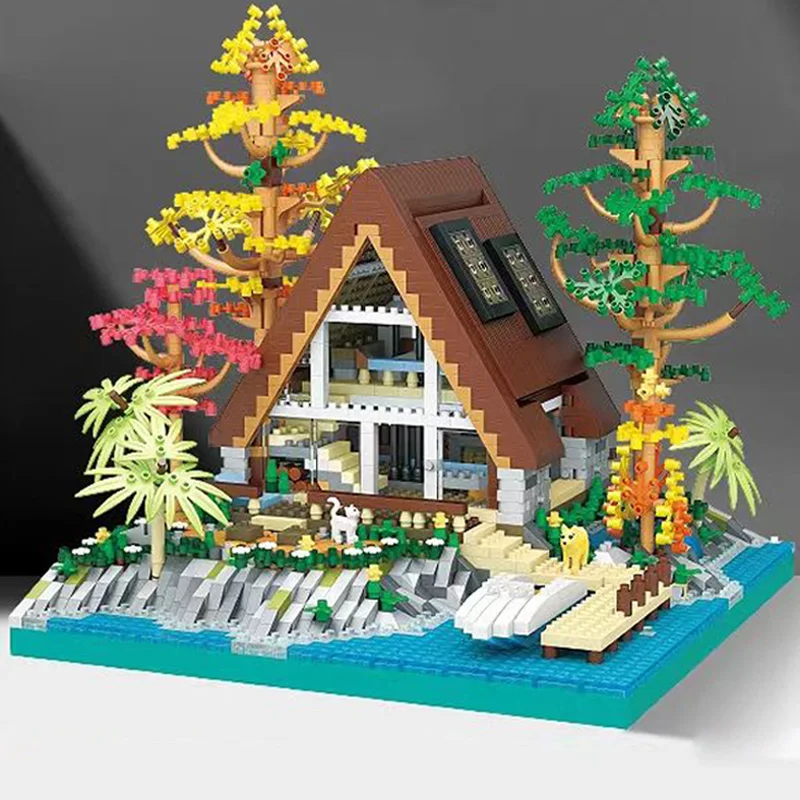 LHCX 617 العمارة العالمية الثلاثي المقصورة مركز جزيرة بحيرة شجرة زهرة العشب كتل الماس الصغيرة الطوب بناء لعبة لا صندوق