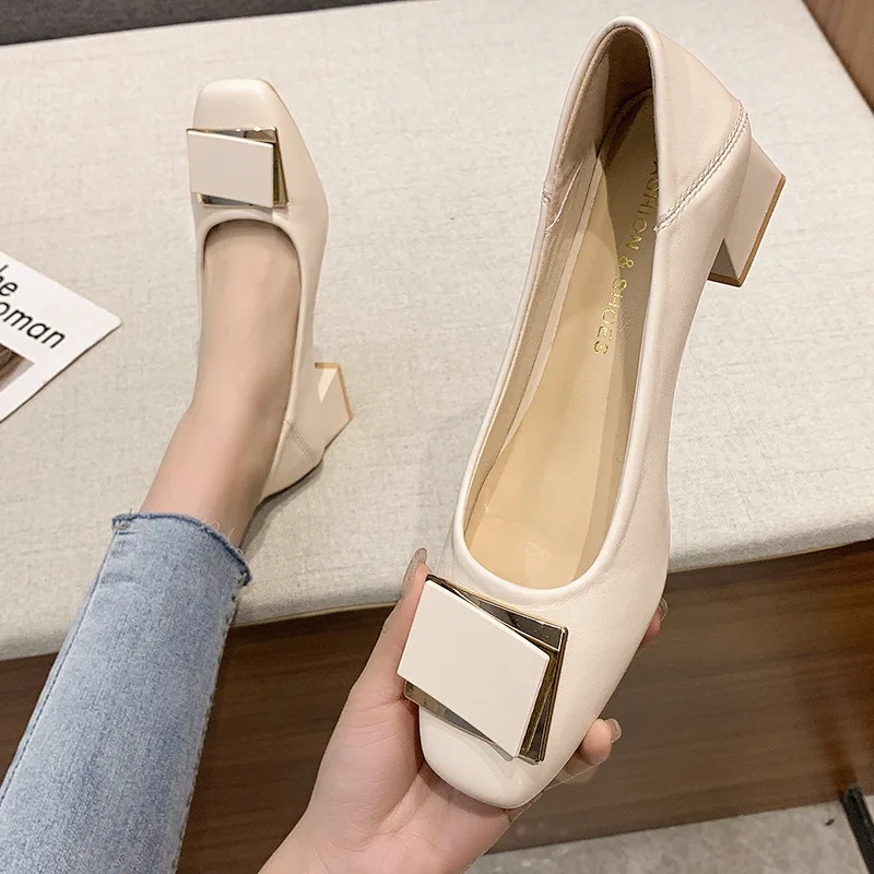 

2026 New Spring Women's Square Toe Pumps, Korean Style Chunky Heel Ankle Strap Shoes with Chic Square Buckle, Versatile Two-Way