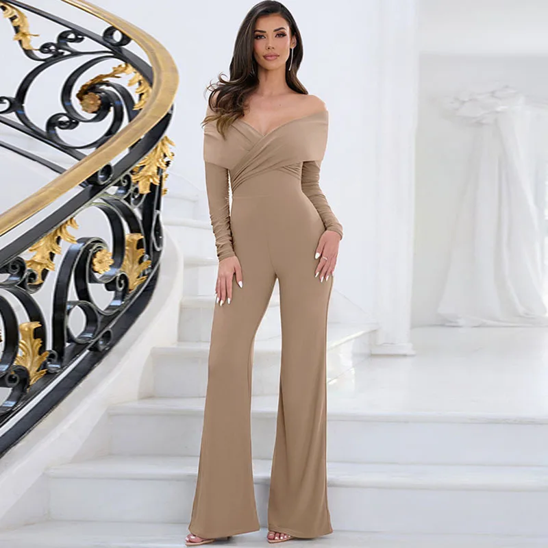 

Apprabant Solid Slim Fit Jumpsuits Folds Cross Off Shoulder Long Sleeved Sexy Backless Personalized Street High Waist Jumpsuit