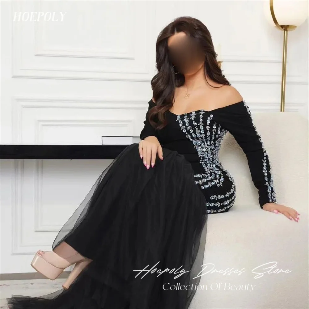 Hoepoly Black Strapless Crystal Full Sleeve Evening Dress For Woman Summer Style Fashion Simple Classy Party Long Prom Gown New