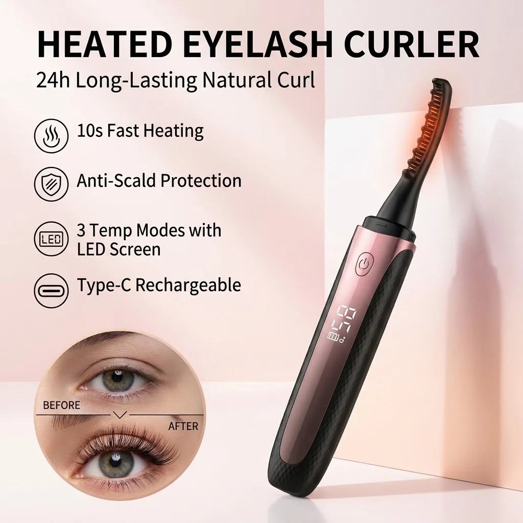 Wiederaufladbarer, beheizter Wimpernzange-Kamm mit Anti-Verbrüh-Funktion, 4 Temperaturstufen, elektrischer Wimpernheber mit LED-Anzeige, 8 Sekunden schnelle Aufheizzeit, langanhaltende Make-up-Tools