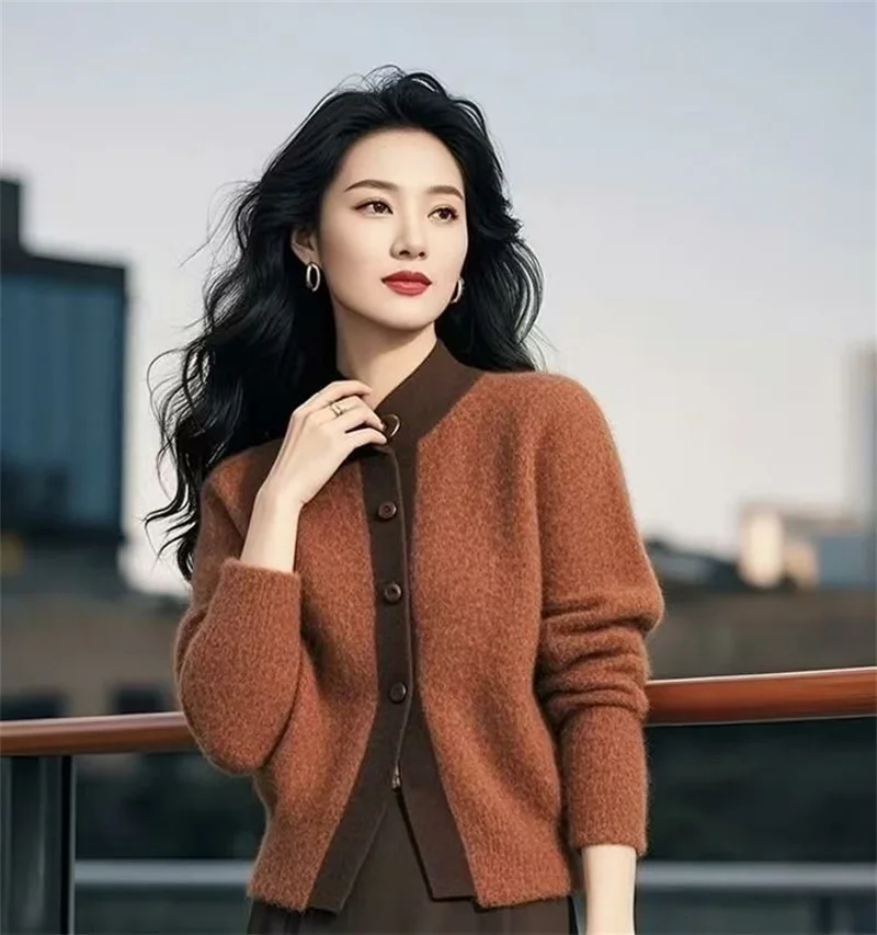 

Women Sweater Autumn Winter Jacket Retro Fashion Small Fragrance Stylg Color Blocking Korean Knitted Cardigan Sweater Coat Top