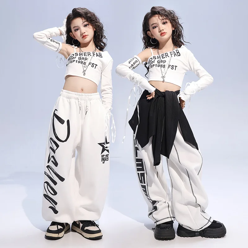 

Kid Kpop Hip Hop Clothing White One Shoulder Crop Top T Shirt Casual Sweat Jogger Pants for Girl Jazz Dance Wear Costume Clothes