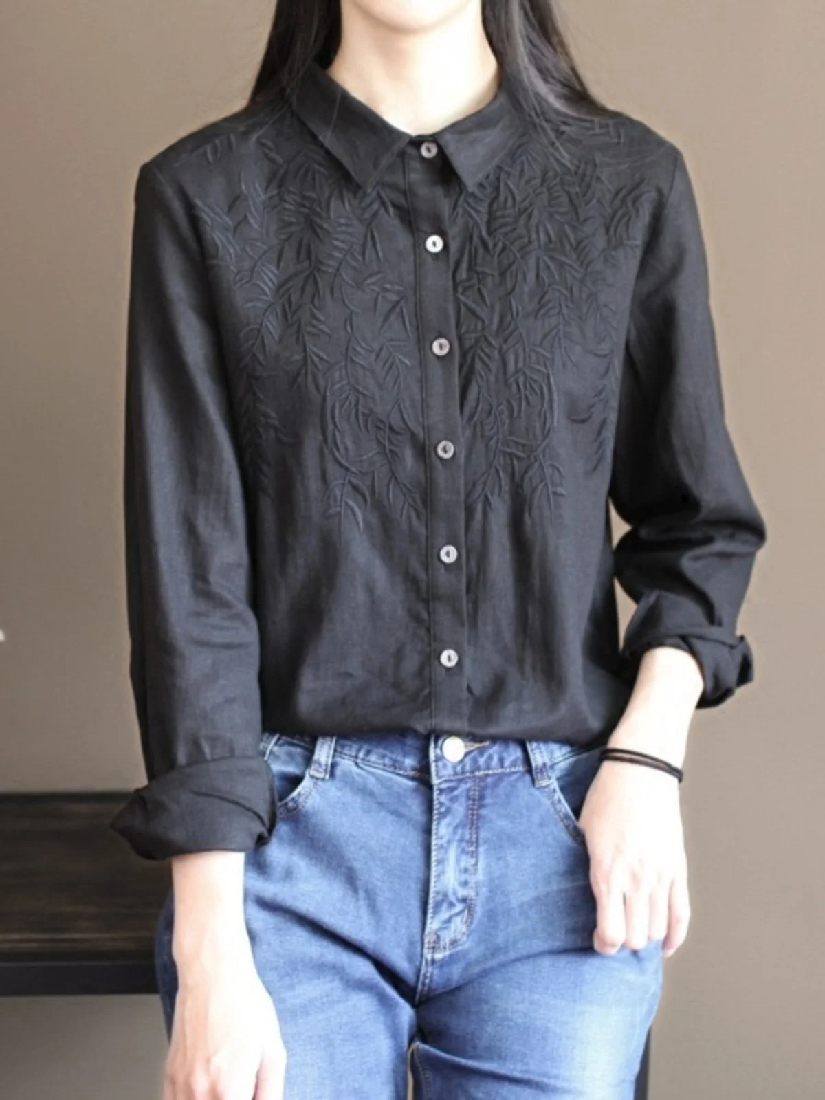 

Retro Cotton Linen Embroidered Long Sve Women's irt Base Layer Top Autumn Korean Sle Commute Pure Color Non-Sinking