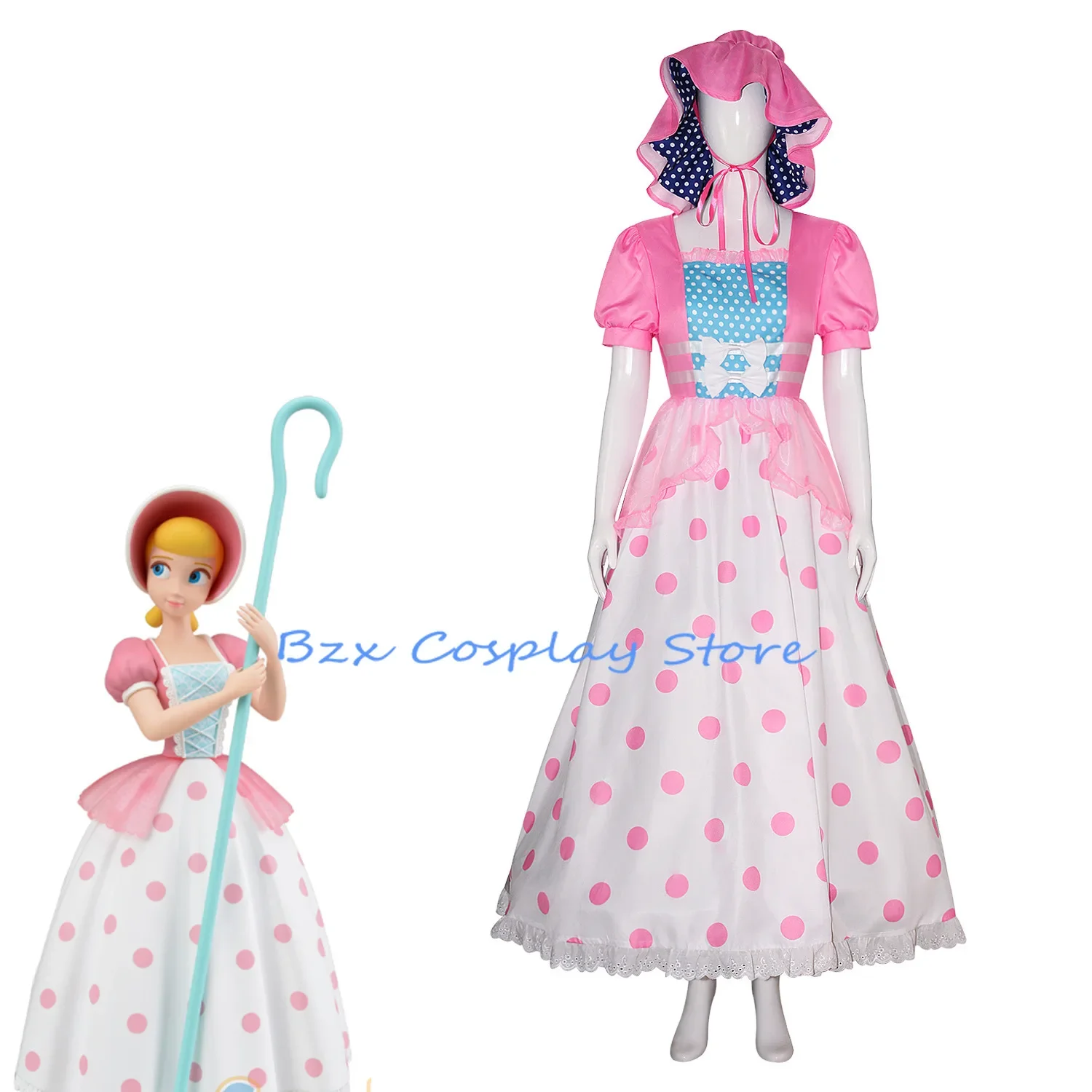 Shepherd Girl Cosplay Anime Story Bo Peep Costume Pink Princess Dress Hat Set Halloween Party Outfits for Woman Girl