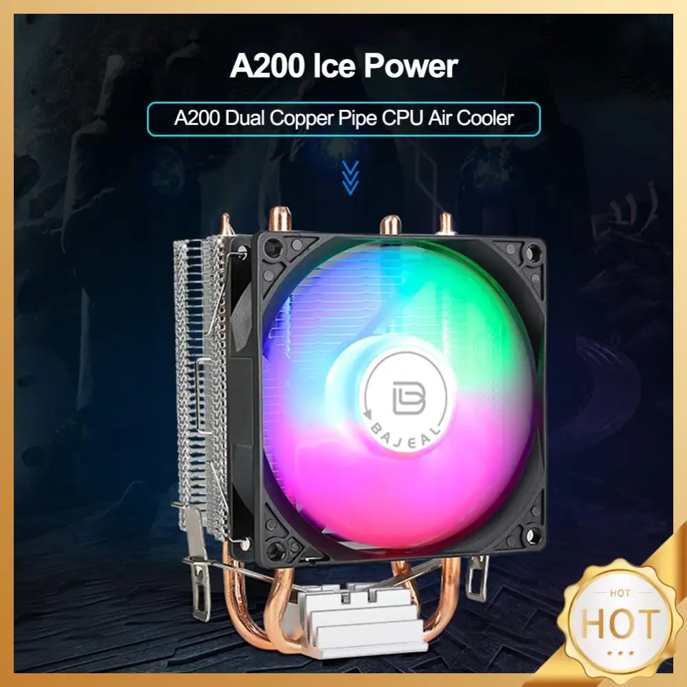 Pendingin CPU 90mm dengan 2 pipa panas, kipas pendingin RGB pelangi senyap 3PIN kipas RGB senyap untuk Intel 1150/1151/1155/1156/1200 AMD AM2