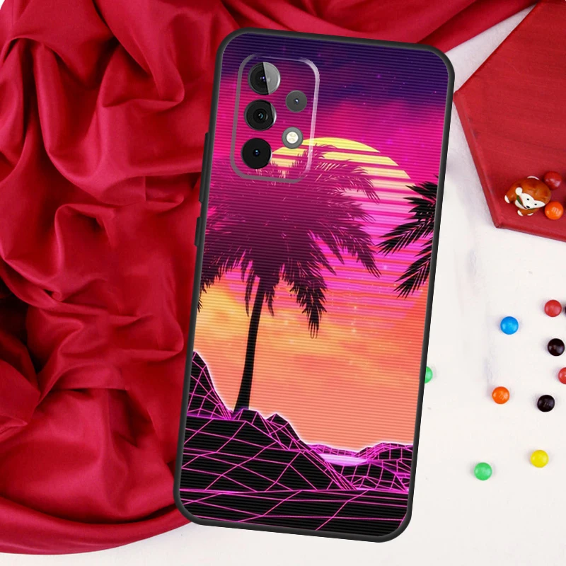 80s Retrowave النيون شجرة النخيل لسامسونج غالاكسي A56 A36 A26 A16 A05 A06 A22 A32 A52 A54 A34 A14 A55 A15 A53 A33 A35 حالة