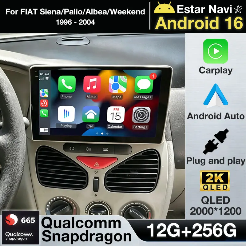 Rádio Multimídia Automotivo Android 16 Auto Carplay para FIAT Siena/Palio/Albea/Weekend 1996 - 2004, Vídeo Android para Carro, GPS 2din