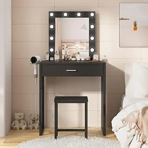 

Makeup Vanity Desk with Mirror and Lights, Black Vanity Table and Chair Set, Brightness Adjustable, Small Vanity for Girls' Bedr