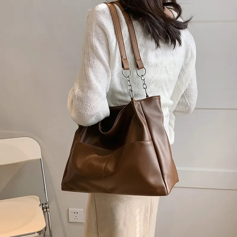 Large Shoulder Side Bags for Women Vintage Solid Color Simple Large Capacity Big PU Leather The Latest Handbags Travel Totes