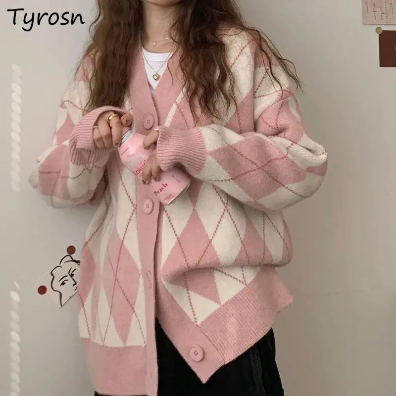 

Argyle Knitted Cardigan Vintage Plaid Women Baggy Streetwear Korean Style Chic Fashion Autumn Outwear Ulzzang Retro Ins Stylish