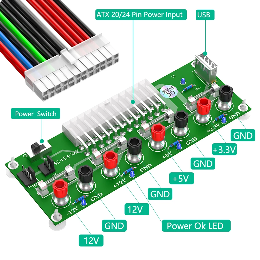 20pin/24 Pins ATX Benchtop PC Power Breakout Adapter with USB 5V port