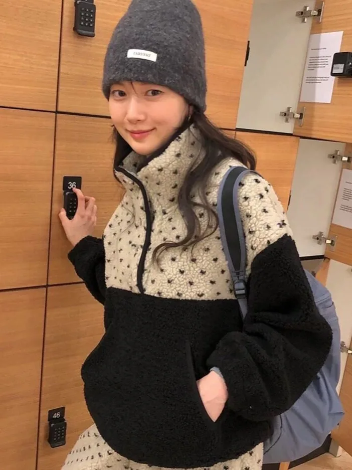 Korean Style Fashion Patchwork Loose Fleece Sweatshirt Jacket Women's Winter New Lazy Cotton Clothes Polyester Fiber 100%