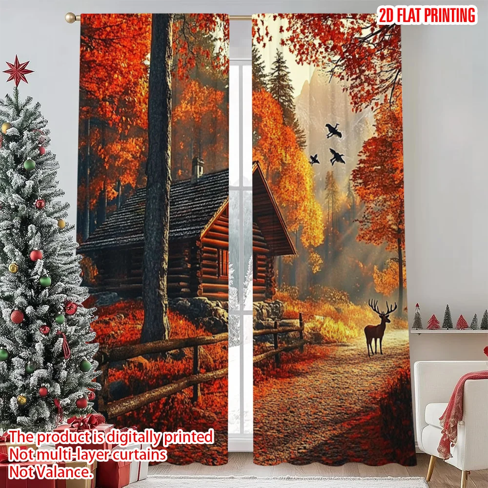 

2pcs 2D flat printing Merry Christmas Window Drapes Autumn Forest Deer Fabric Without Electricity Versatile for Holiday Decor