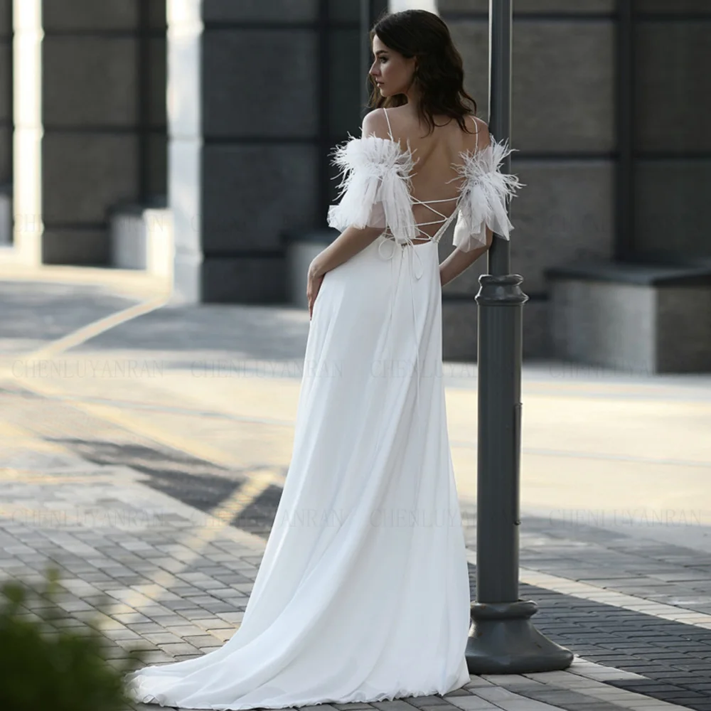 Feather V-Neck Wedding Dresses Spaghetti Strap V-Neck A-line Wedding Bride Dress Backless Dress For Women 2025 Vestidos De Novia