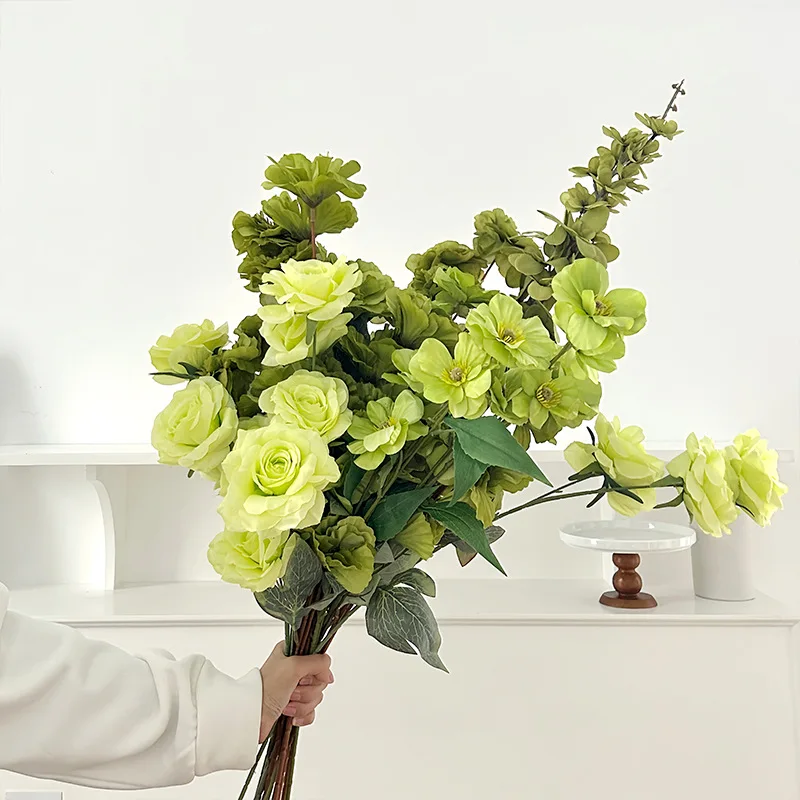 Flores artificiales verdes, decoración temática verde oscuro, Rosa bordada, salón de bodas, guía de arreglo de flores