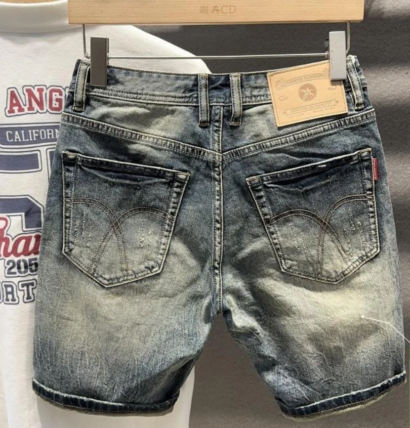 Durable High-End Denim Shorts For Men Clothes Trendy Slim Fit Youth Five-Point Tough Guy Half-Leg Vintage Pants Streetwear Jeans