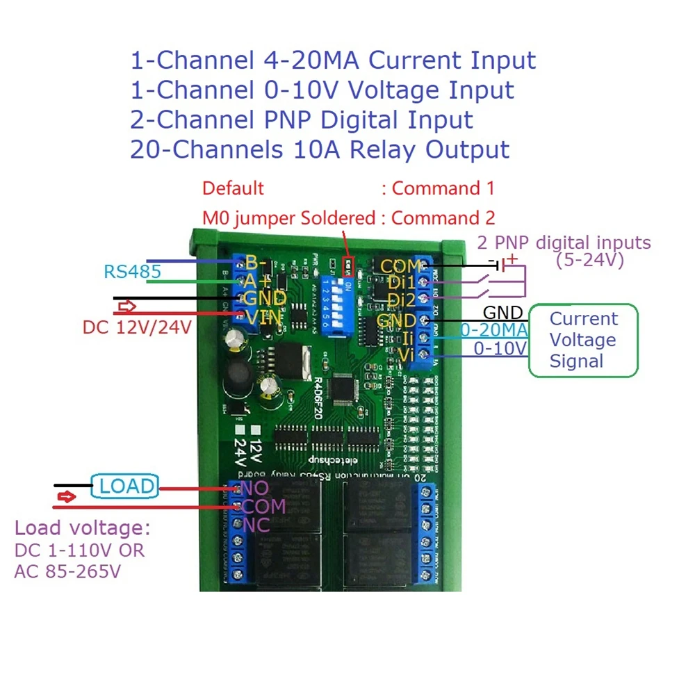 Interruttore RS485 a 20 canali modulo IO analogico digitale Modbus RTU PLC scheda espandibile UART corrente 4-20MA lettura tensione 0-10V