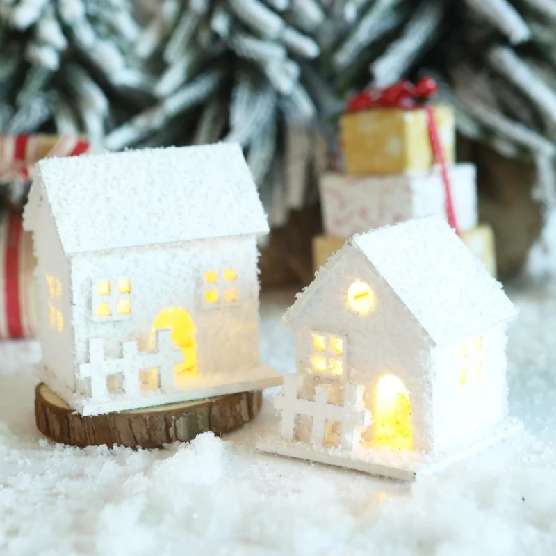 Christmas LED Light House Luminous Wooden Cabin Ornament Snow Scene Village Christmas Decoration For Home New Year Kids Gifts