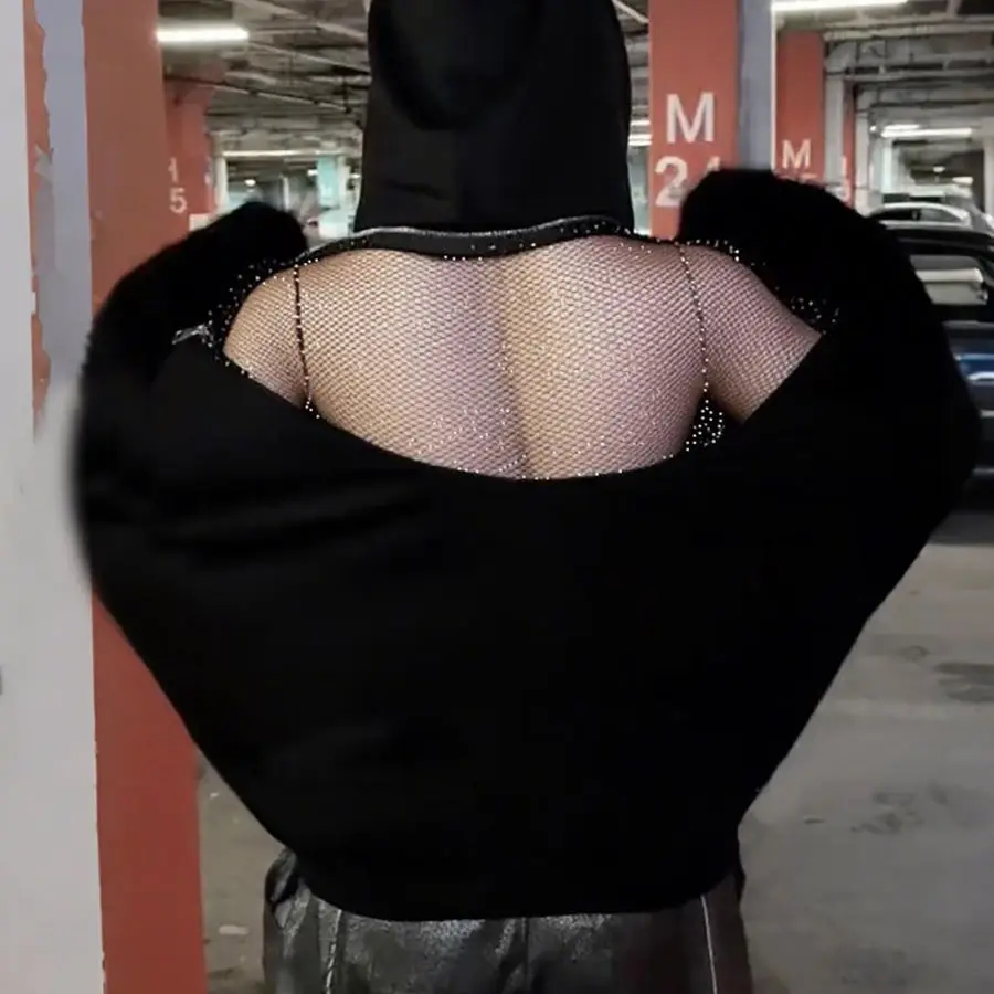 

Сексуальная сетчатая прозрачная толстовка с вырезами на спине, на молнии, с капюшоном, для женщин, для праздников, уличный стиль, блестящая, Y2K, верхняя одежда