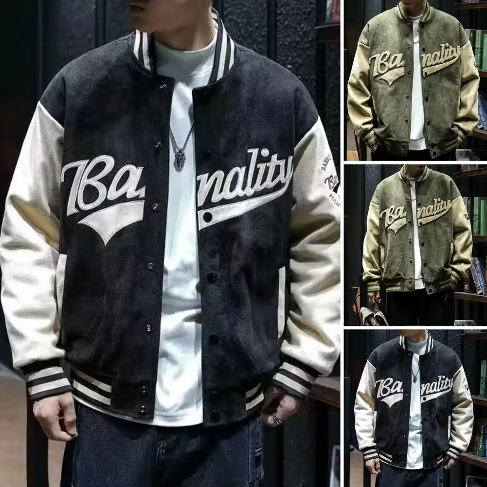 Abrigo de béisbol de ante bordado para hombre, chaqueta verde Retro con letras, bolsillos laterales, cuello levantado, Primavera