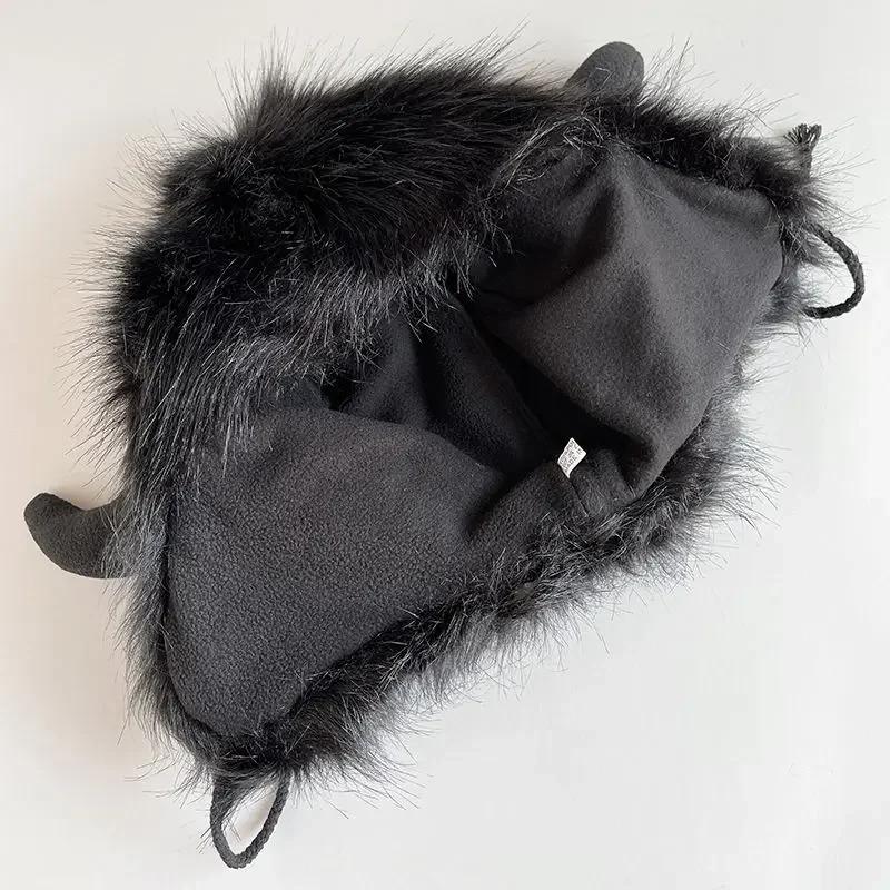 Big Black Ox Hair Leifeng Hat Men and Women Winter Warm Ear Protection Personality Wind and Cold Riding Cotton Hat