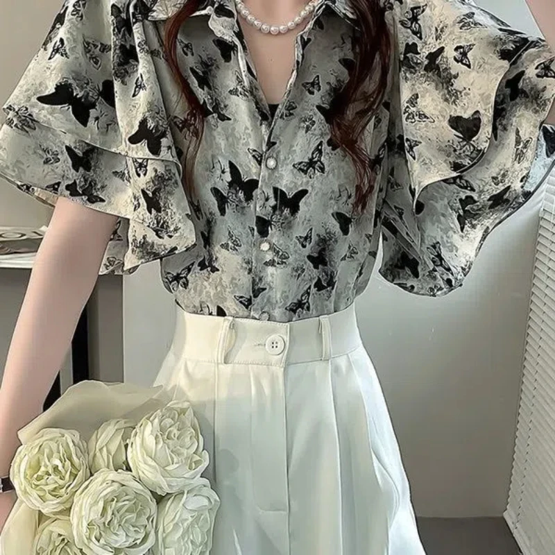 Spring Summer New Fashion Women's Clothing Polo Neck Short Sleeve Butterfly Print Blouses Female Clothes Y2K Loose Women's Shirt