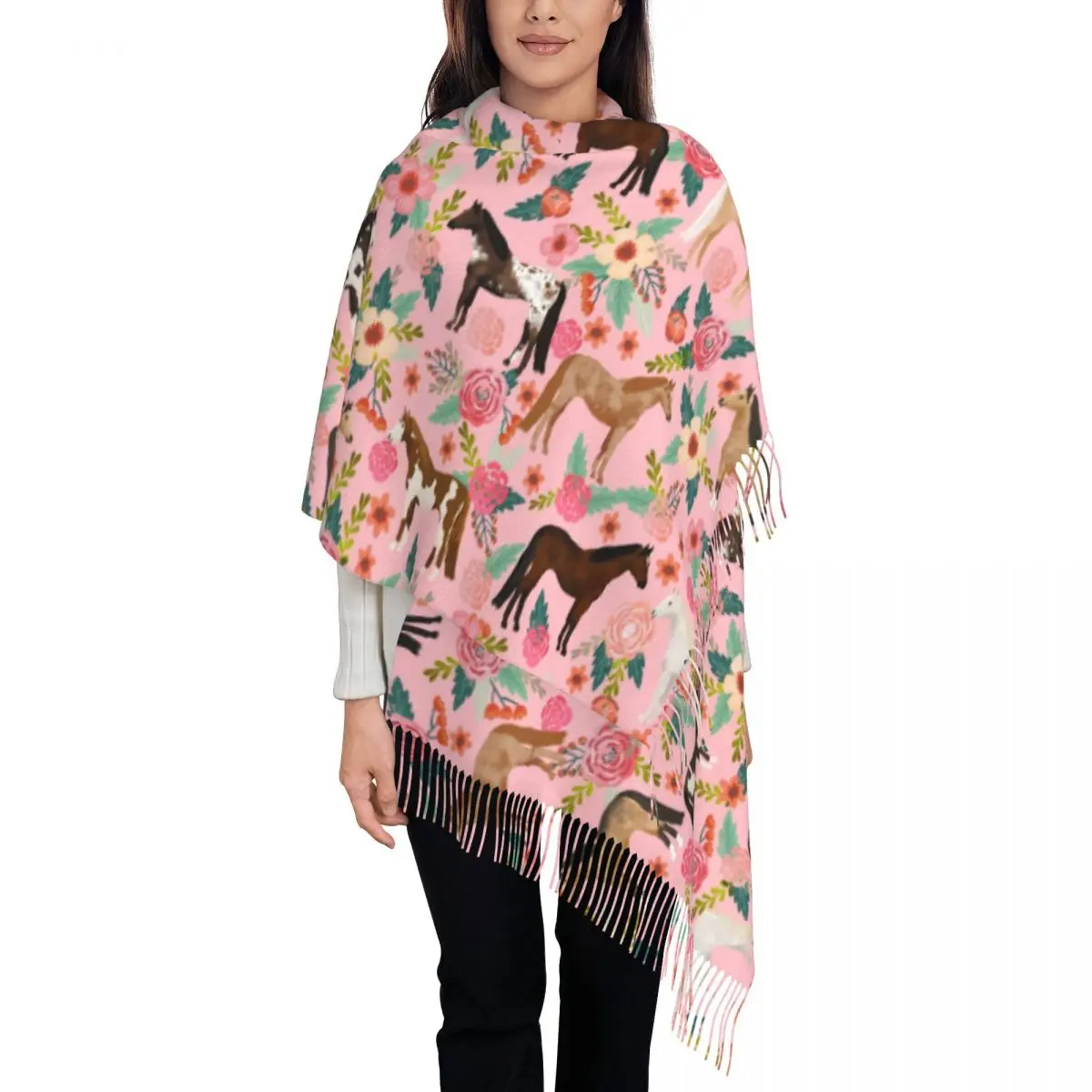 Horses Floral Tassel Scarf Women Soft Horse Breeds Farm Animal Pets Shawl Wrap Lady Winter Scarves