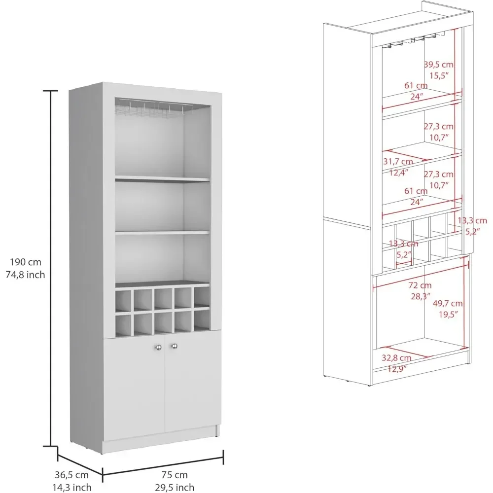 Nero 74-Inch Tall Bar Cabinet 4-Tier Modern Bar Cabinet with Glass Holder Stemware Rack, Wine Cabinet, Liquor Cabinet.