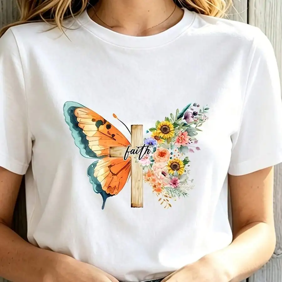 Inspirational Faith Cross Butterfly Floral Graphic T‑Shirt Religious Casual Tee Nice Gift For Christian Believers Daily Summer Tops
