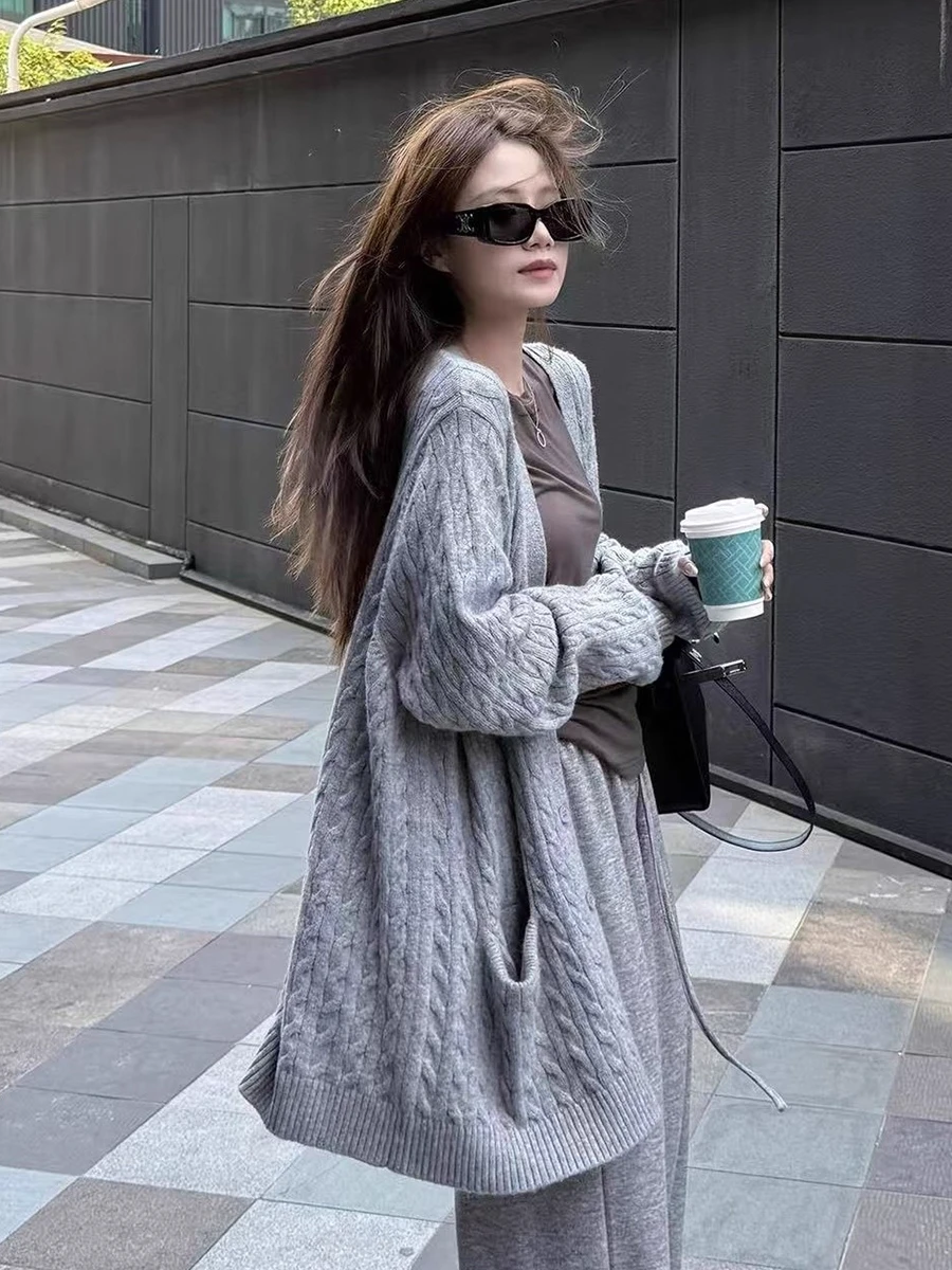 ルーズニットツイストセーターコート レディース 秋冬 ミディアム丈 Vネック ロングスリーブ ソフトで快適なカジュアルアウター