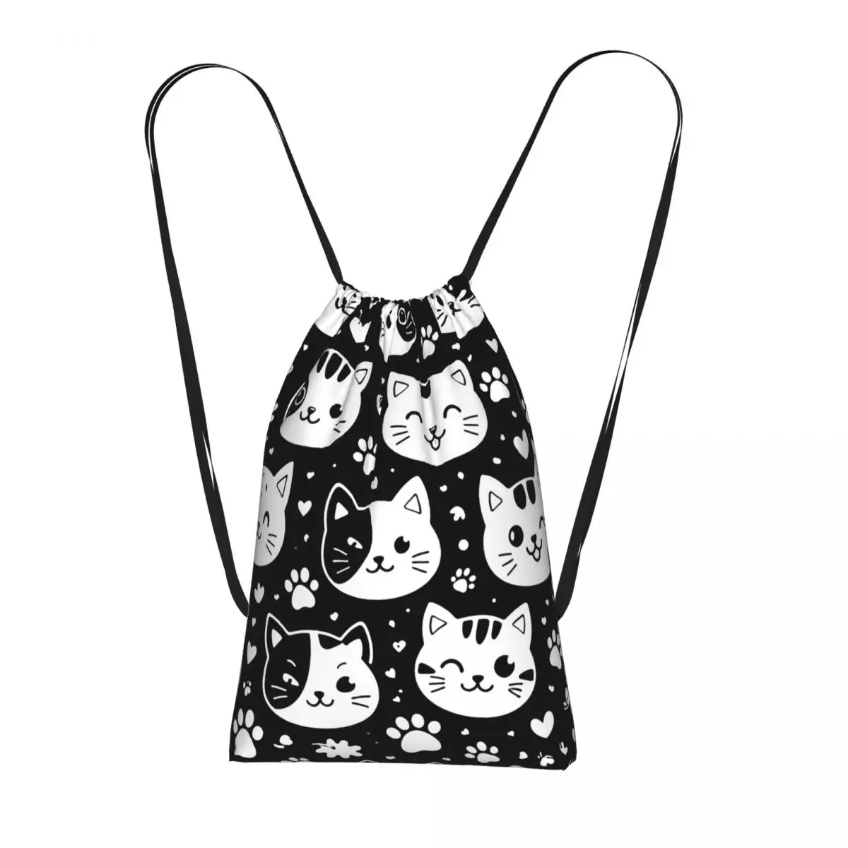 

Cartoon Cat Face And Paw Pattern Backpacks Portable Drawstring Bags Sports Bag Book Bags for Man Woman School