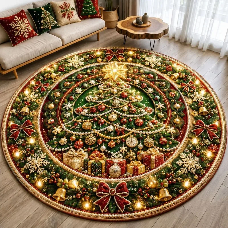 VIKAMA Christmas Bear Teddy Round Round Rug Noise Reduction Machine Washable Bedroom Comfortable Underfoot Mat Home Decor