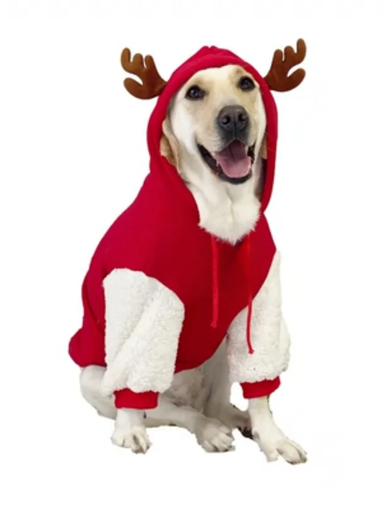 Pet Dog Clothing For Winter Warmth Pure Cotton Plush Christmas Deer Hoodie Large Dog Golden Hair Labrador