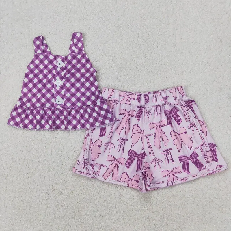 

X12.18 GSSO2035 New summer baby girl purple plaid suspender dress with bow pattern shorts set