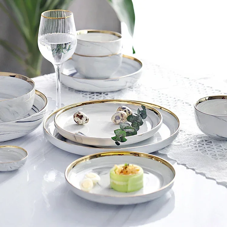 Modern Western Marble Design Dishes Plates Full Set Tableware Luxury Gold Rim Ceramic Plates Bowls Dinnerware Set