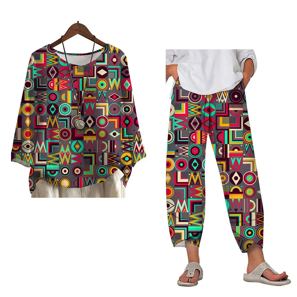 CLOOCL Aztec Print Top and Pants Two-piece Suits Fashion Casual Spring Autumn Long Sleeve T-shirt Loose Ankle-Length Pants