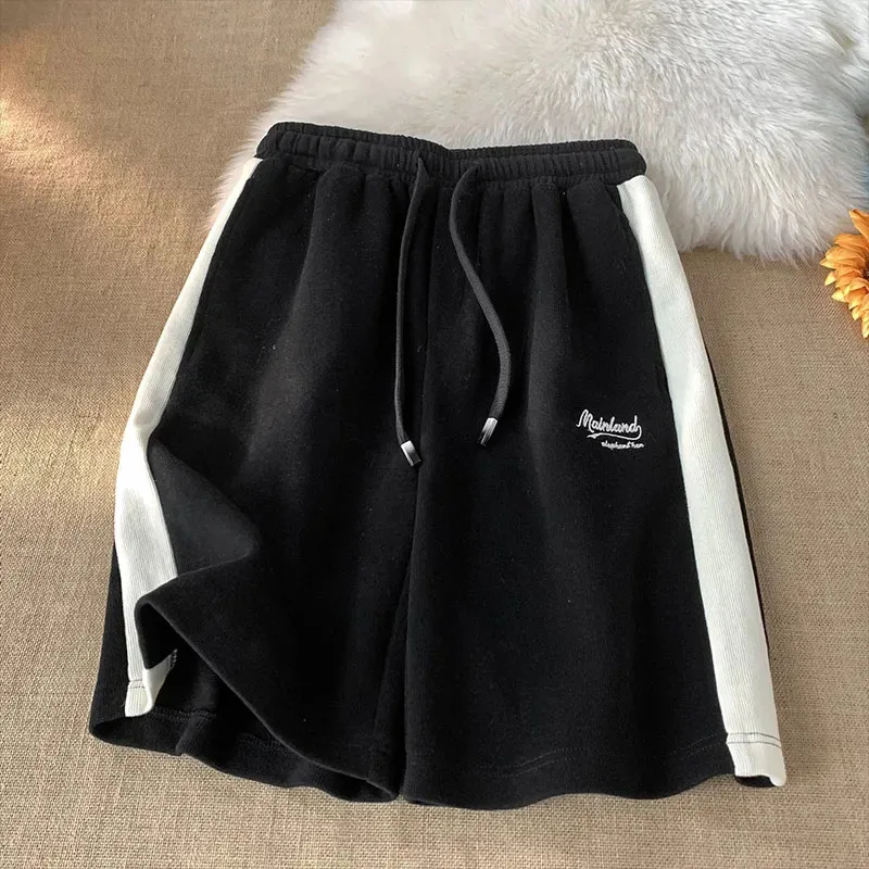 Y2K Letter Embroidery Striped Shorts Women Fashion Streetwear Jogging Sport Shorts Bf High Waist Loose All-Match Wide Leg Shorts