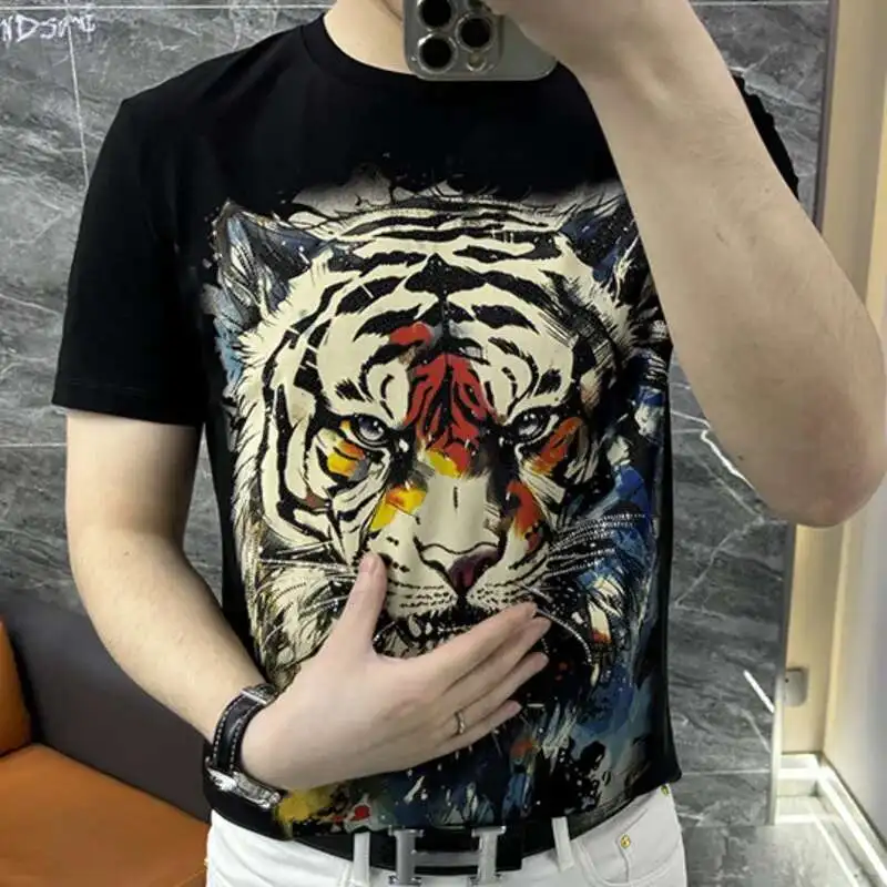 

Tide Brand Summer Top Tshirt For Men Social Club Outfits Tee Shirt Homme Streetwear Hot Drill Tiger Head Short Sleeve Tshirt Men