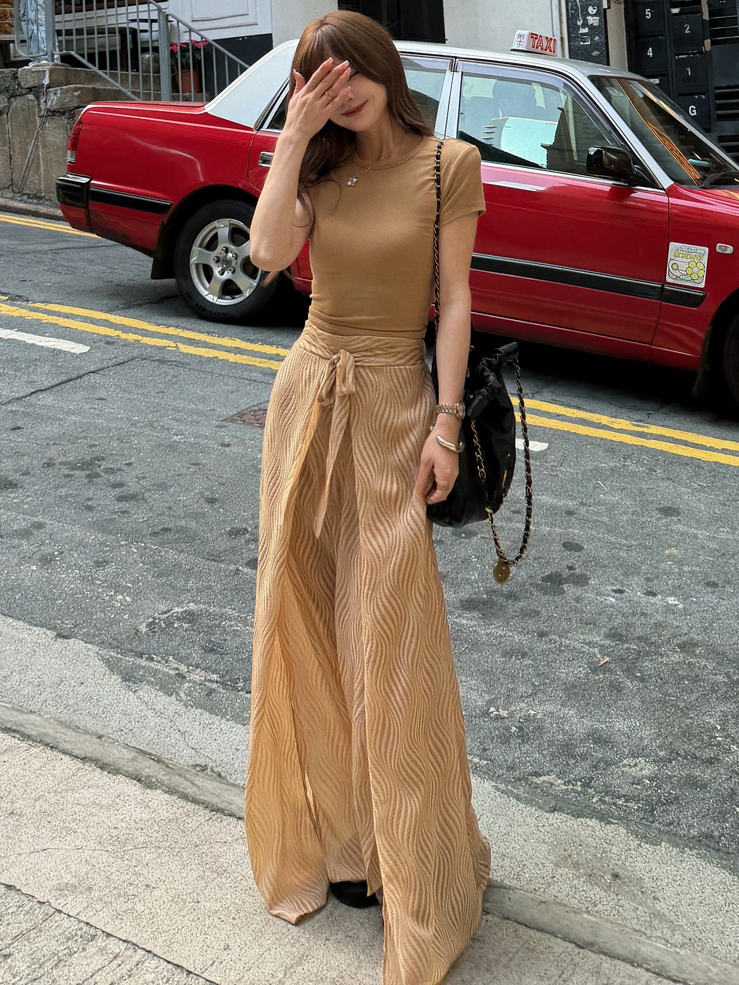 QCEO High Waist Printed Wide Leg Pants Slit Loose Summer Casual Trousers for Women Vacation Feelings Drapey Long Pants