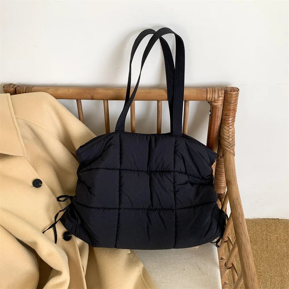 Puffy Quilted Shoulder Bag Plaids Padded Tote Women's Bag NEW Drawstring Ruched Shopping Purses Large Capacity Cotton Handbags