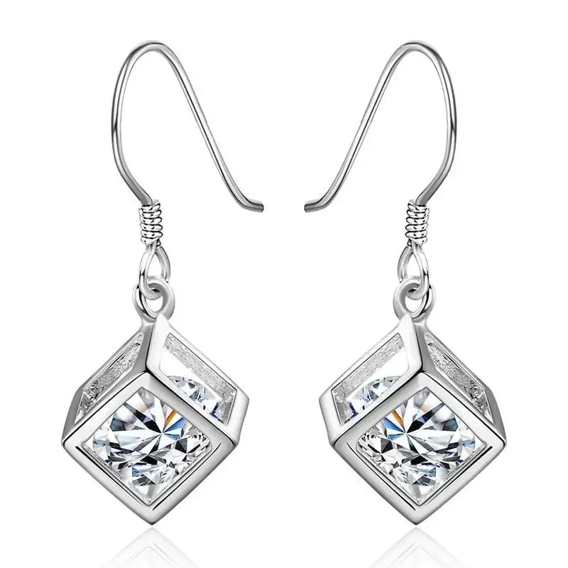 

Wedding Gift Silver 925 Plated Earrings Square Elegant Hining Zircon Crystal Earrings Jewelry Free Shipping