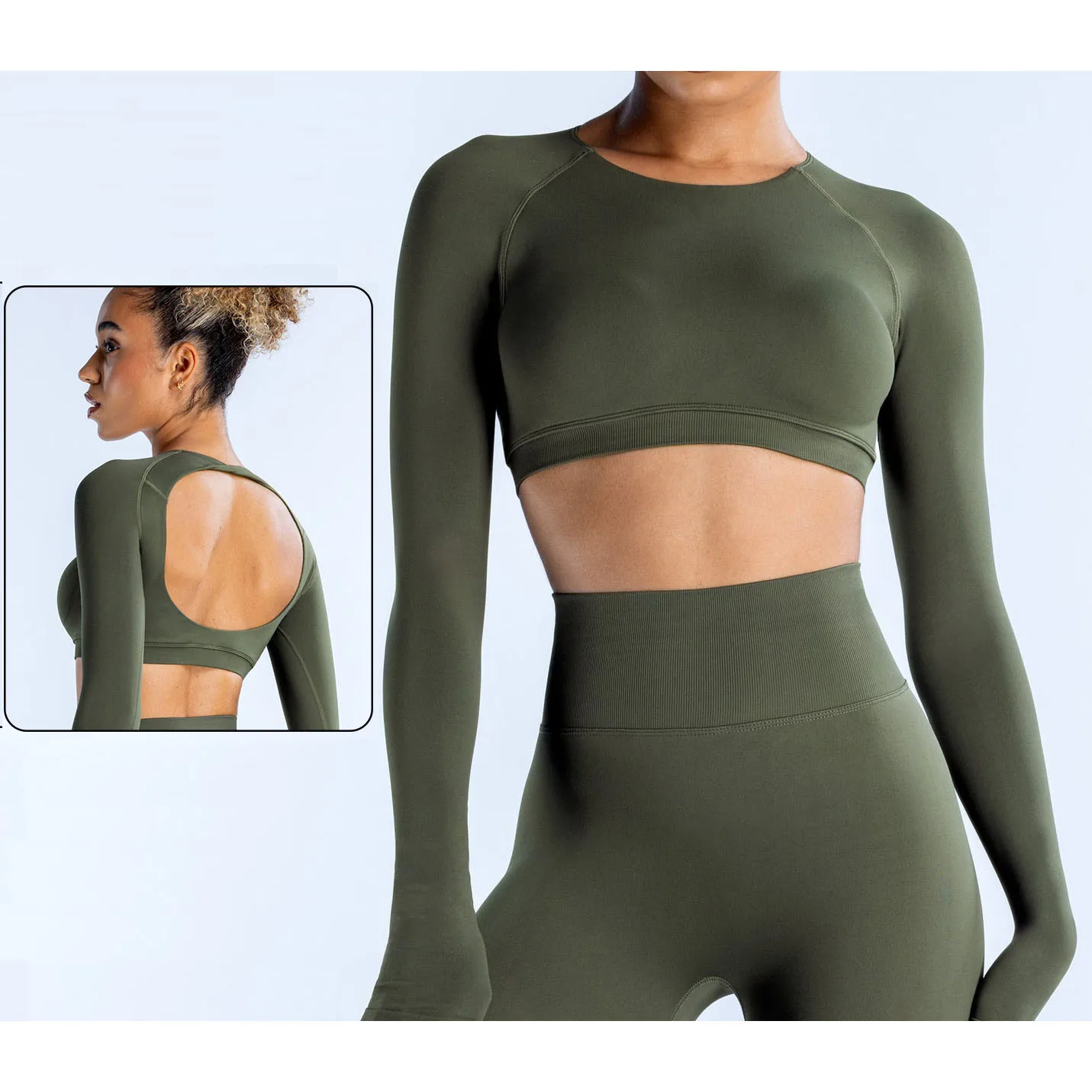 

Seamless Plus Size Yoga Long Sleeve Top- Stretchy Crop Shirt With Cut-Out Back Comfortable Workout Wear Gym Wear Fitness Clothes