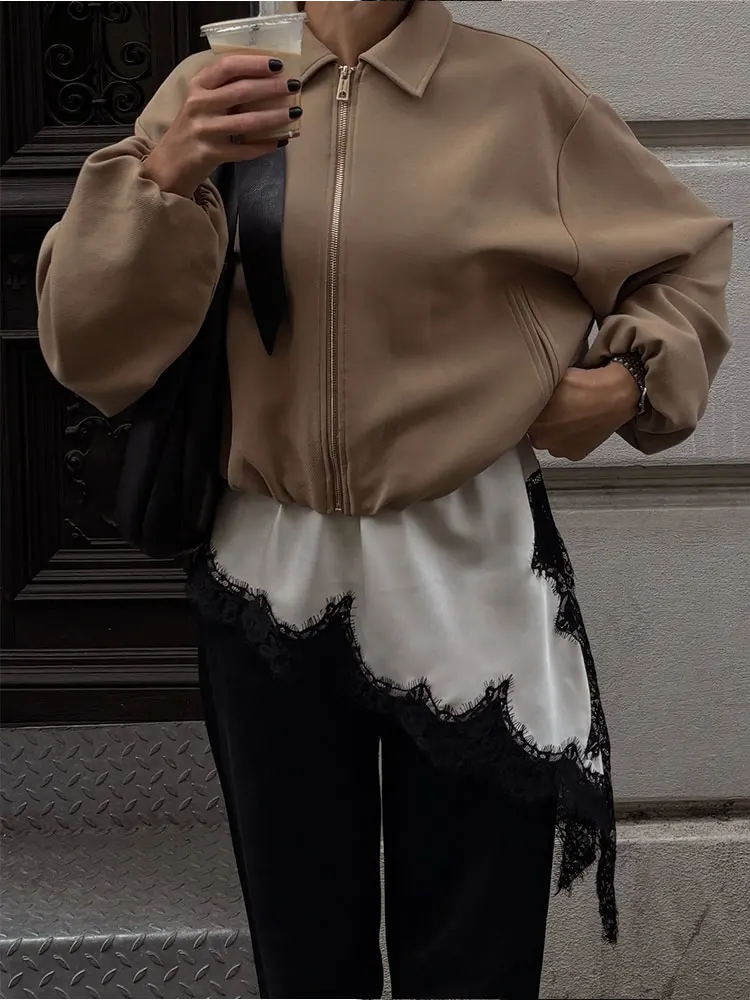 

HH Осенняя куртка для женщин, однотонные укороченные пальто с длинным рукавом и отложным воротником, куртки на молнии, повседневная офисная женская верхняя одежда