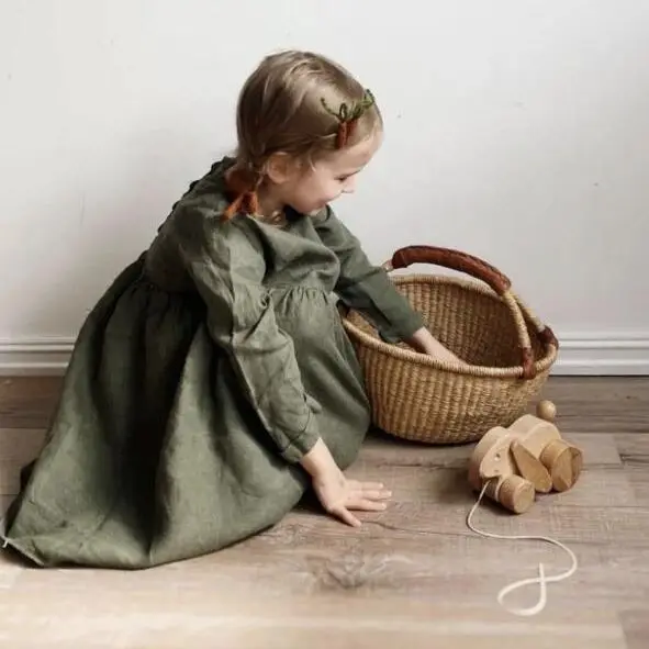 2024 Autumn Girl Children Retro Solid Simple Casual Dress For Party And Wedding Baby Cotton Linen Long Sleeves Princess Dresses