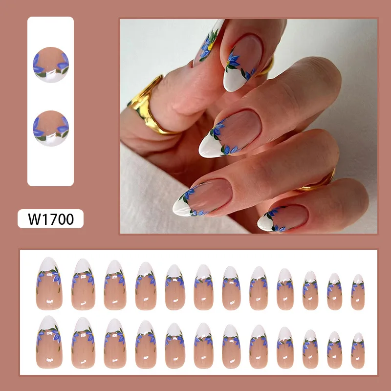 24 stks Ins Eenvoudige Franse Valse Nagel Bloem Gedrukt Amandel Valse Nagel Patch Nail Art Wearable Volledige Dekking Fake Nail Tips voor Meisjes