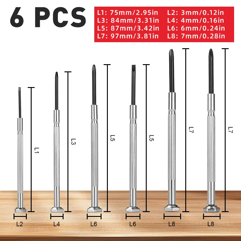 6-delige microschroevendraaierset - 1,4/2,0/2,4 mm sleufkop & PH00/PH0/PH1 Phillips voor horloge-, bril- en telefoonreparatie