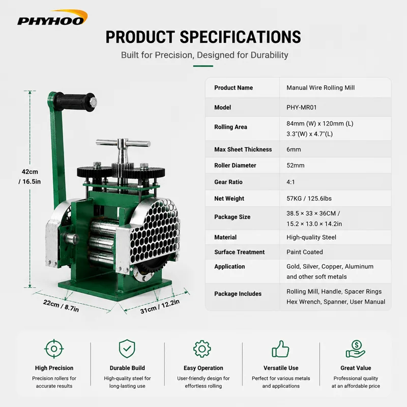 PHYHOO 3 In 1 Jewelry Rolling Mill Machine Flat Square Half Round Wire Manual Metal Sheet Shaping Press Craft Tool Cast Iron Bas