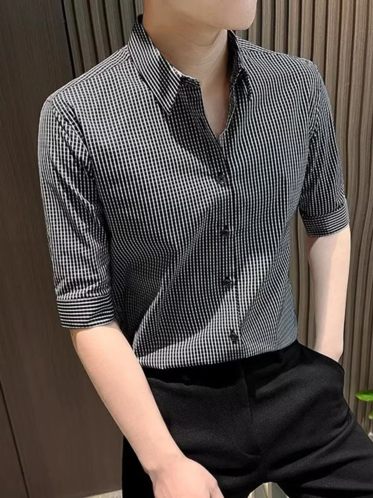 

Мужской Slim Fit irt Summer Ice Silk Plaid ort Sve Seven-Fifths Busin Faion Ci Youth Printable No Iron Treaent