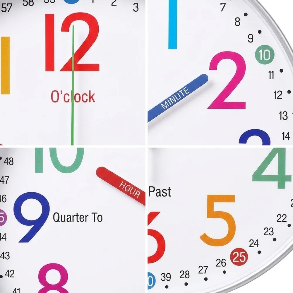 -Friendly Wall Clock with Silent Operation Color-Differentiated Numbers and Time Word Labels for Educational Decorative Use
